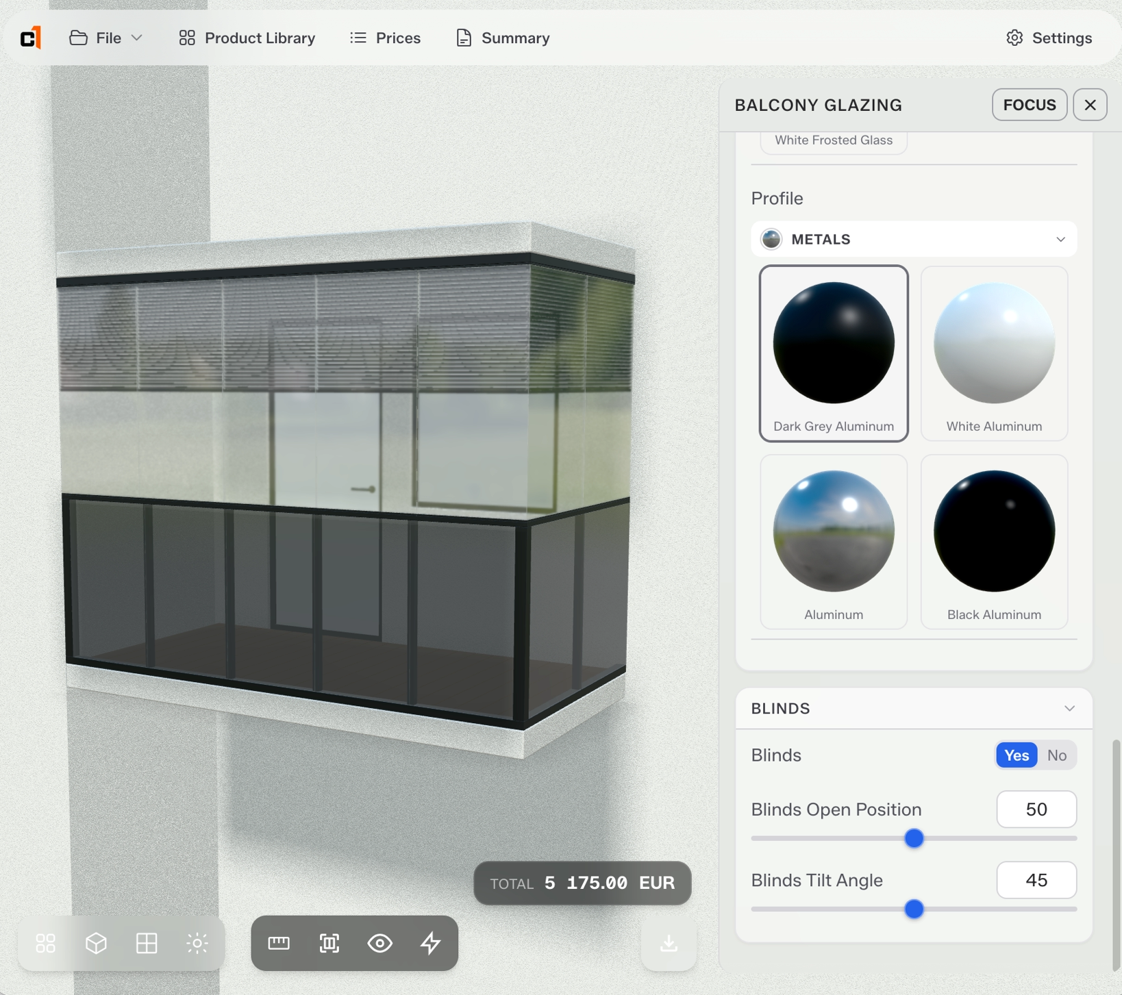 Balcony glazing configurator screenshot